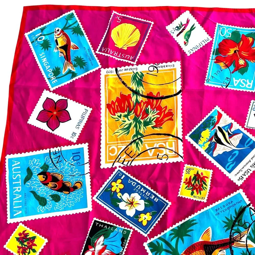 Vintage Adrienne Vittadini silk scarf square pink & colorful stamps travel theme